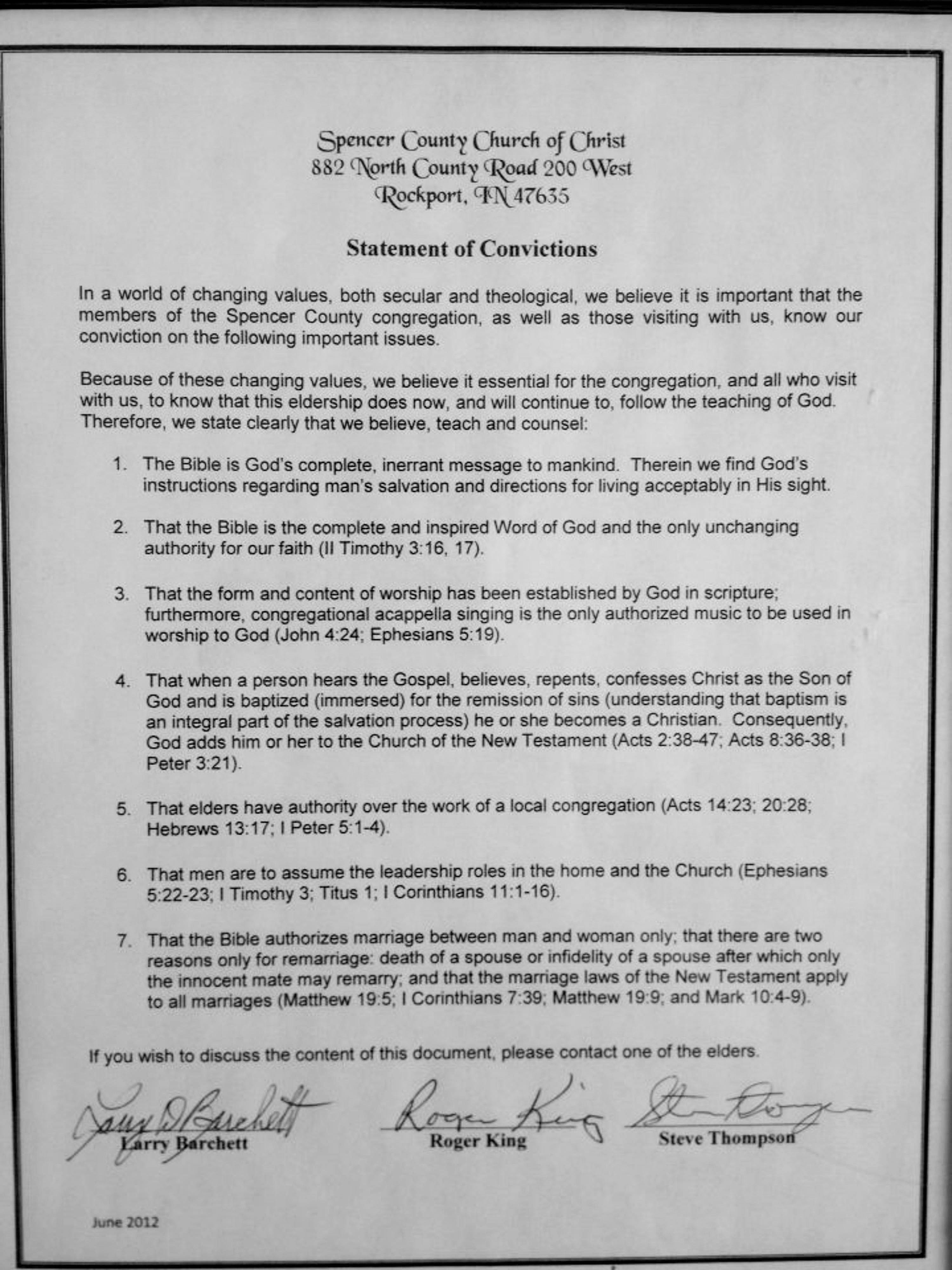 The congregation's written Statement of Convictions